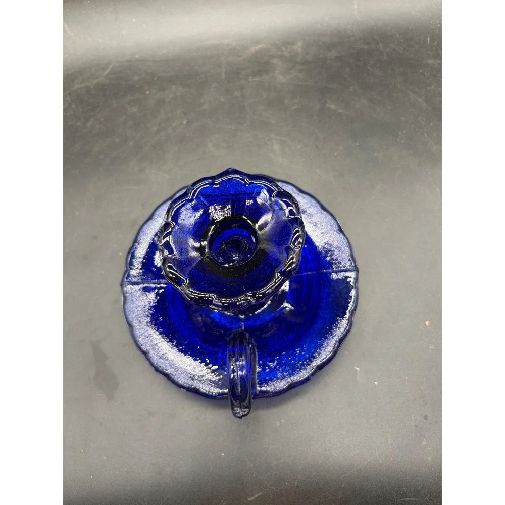 Vintage Cobalt Blue Glass Chamberstick Candle Holder Scalloped Finger Loop 3.5in
